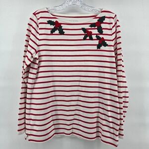 Talbots Holiday Top MP Red White Striped Holly Berry Applique Christmas Festive